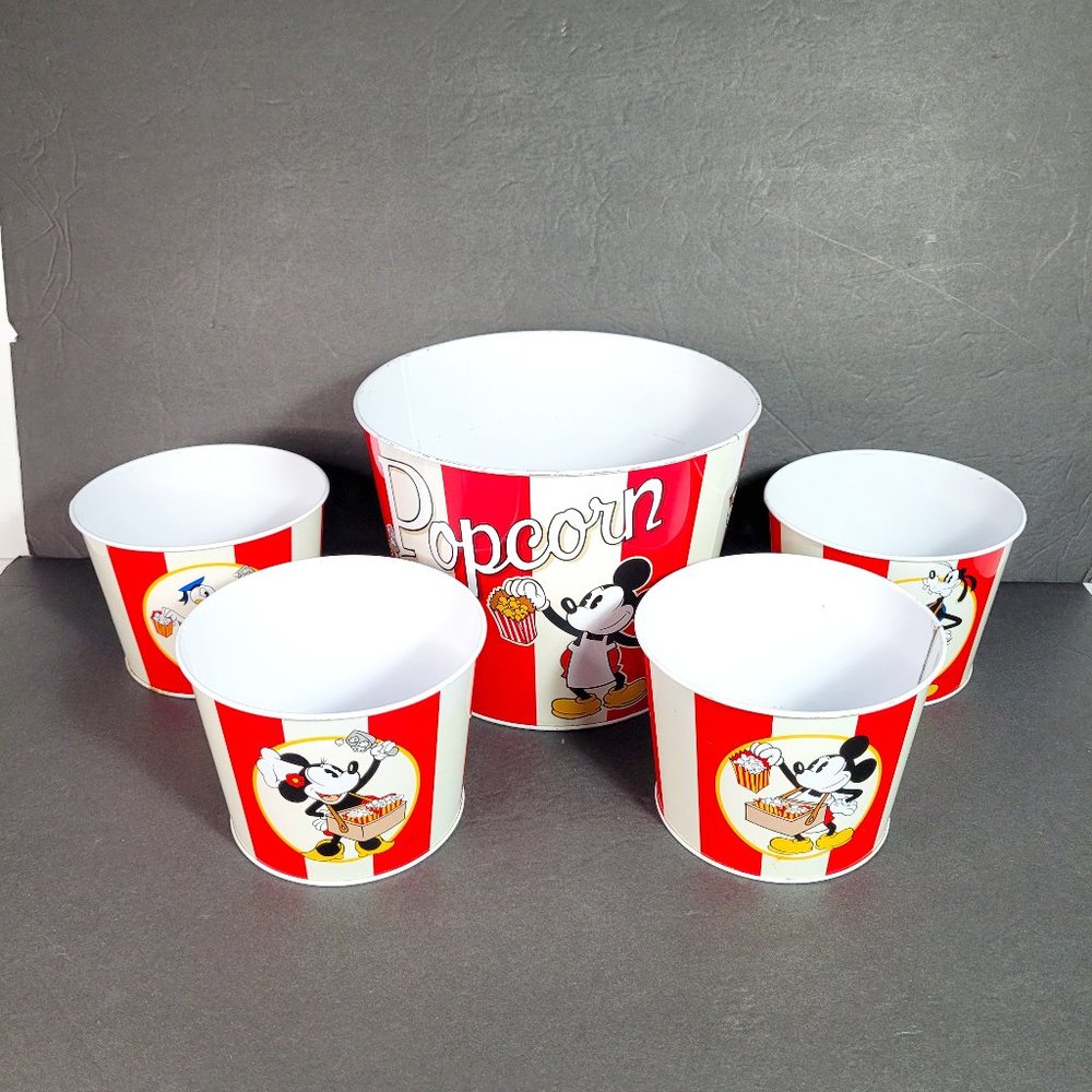 💥 SOLD 💥 Vintage Disney Metal Popcorn Bucket 5 Piece Set - Picture 1 of 7